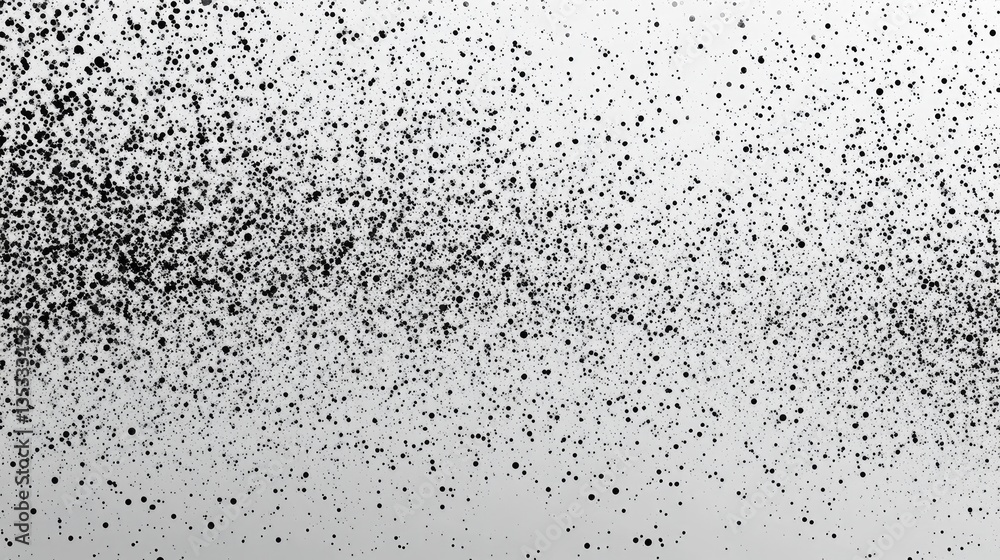 Poster abstract pattern of scattered black particles creating a dynamic visual effect against a light backg