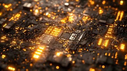 Abstract Circuit Board With Glowing Orange Lights