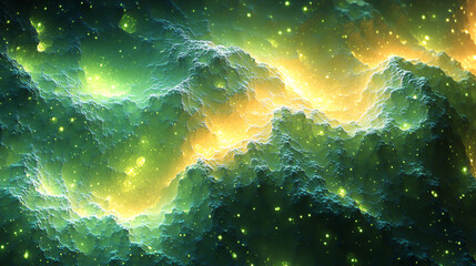 Abstract fractal cloud green yellow glow black space digital swirl wave energy texture motion pattern cosmic storm universe explosion starburst vortex atmosphere glowing fantasy shape flare wall art