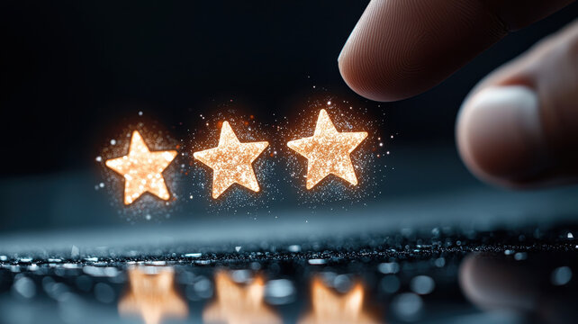 hand is reaching out to touch glowing stars reflective surface, symbolizing product rating or review. scene conveys sense of engagement and evaluation, highlighting importance of feedback digital