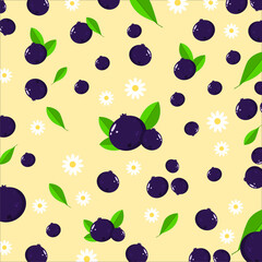 Blueberry seamless pattern with yellow background. Cute fruit cartoon can be used for wallpaper. banner. and paper wrapping