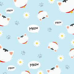 Cute white cat seamless pattern with blue background. Animal cartoon illustration. Can be used for wallpaper, fashion fabric, and paper wrapping
