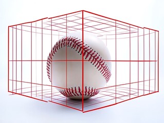 A baseball inside a red wireframe cube on a white background