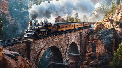 Vintage Steam Train Journey Through Scenic Mountain Landscape on Stone Bridge