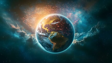 Obraz premium A digitally enhanced image of planet Earth, prominently showcasing the Americas, is enveloped by a cosmic nebula and interconnected by a network of glowing lines, symbolizing global connectivity.