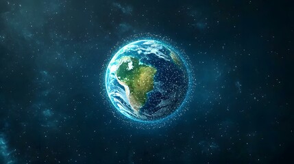 Obraz premium The image shows a digitally rendered Earth surrounded by a halo of particles, set against a backdrop of stars and nebulae in space. The Earth appears luminous and slightly ethereal.
