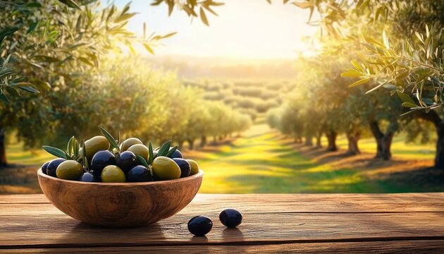 fresh olives on rustic wooden table in olive grove under golden sunlight
