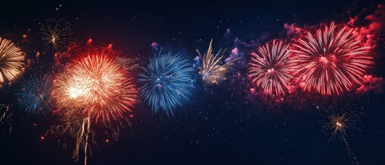 Fototapeta premium Colorful Fireworks Display in Night Sky with Celebration Text Space for July Fourth Anniversary