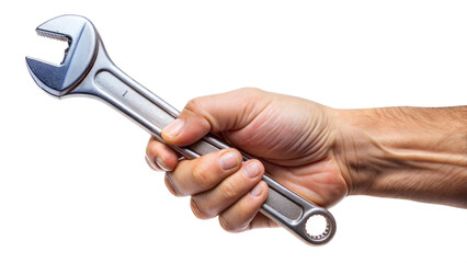Close-up of a woman's hand holding a metal wrench for repair or construction work