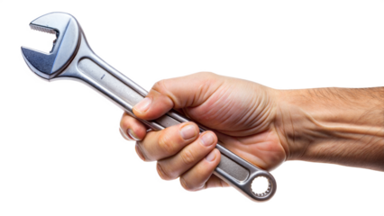 Close-up of a woman's hand holding a metal wrench for repair or construction work
