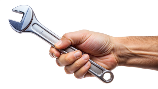 Close-up of a woman's hand holding a metal wrench for repair or construction work - Powered by Adobe
