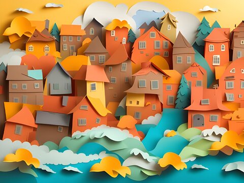 autumn background with paper houses. 3d rendering.