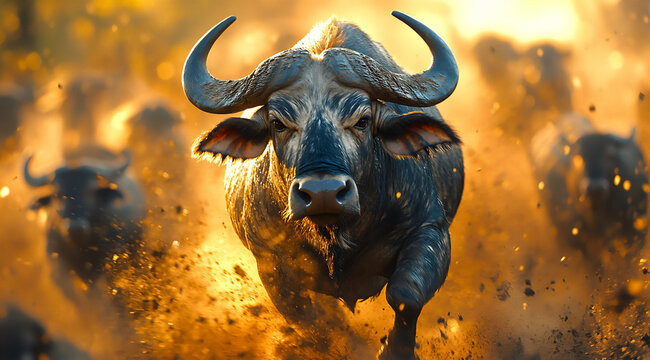 close-up of an indian water buffalo charging through the air,