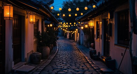 Obraz premium Narrow cobblestone alley dimly lit by flickering lanterns at night