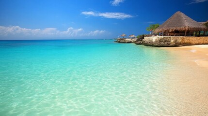 Fototapeta premium Turquoise Waters and Thatched Roof Oasis: A Tropical Beach Paradise View