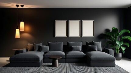 Modern Minimalist Living Room with Black Sofa, Dark Walls, Green Plant, and Pendant Lighting – Contemporary Interior Design, Stylish Home Decor, and Cozy Atmosphere

