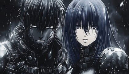 Two anime characters pose in a futuristic and artistic style