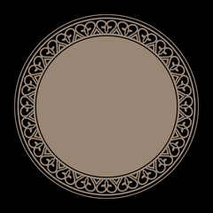 Decorative gold round frame for design with abstract floral pattern. Circle frame. Elegant element in Eastern style, place for text. Floral gold border. For invitation, textile, ceramic, porcelain