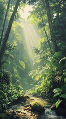 Sunlight streams through lush rainforest foliage