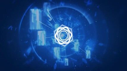 Animation of hexagon shape with swirling blue background, scattered letters, numbers - Powered by Adobe