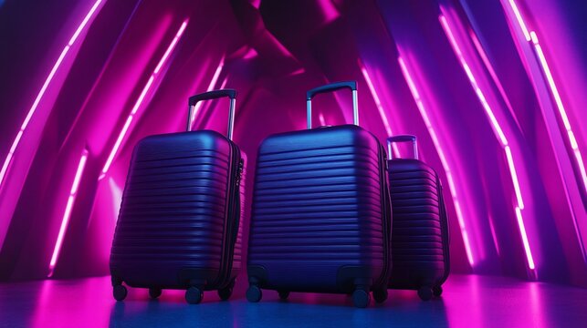 Suitcases ready for a futuristic getaway bathed in neon glow travel concept