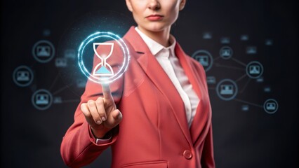 Business time notify. Woman in coral blazer interacts with a digital hourglass interface on a dark background, surrounded by network connection