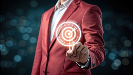 Business time notify. Person in red blazer interacting with a glowing target graphic, dark bokeh background. Focus on hand and target, suggesting