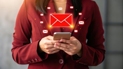Business time notify. Woman in a red blazer uses her smartphone to check emails. A glowing red email icon hovers above the phone, surrounded by