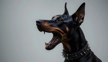 a close up head shot of a mean, viscious, aggressive doberman black dog barking  snarl, teeth, growling, canine, attack, guard, dangerous, menacing, powerful, pet, animal, portrait, scary, guard dog
