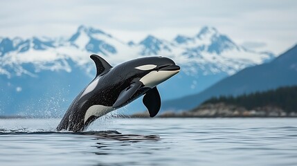 Fototapeta premium Orca whale leaping from ocean water with mountains in background.