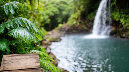 Fototapeta premium serene tropical landscape featuring lush green foliage and tranquil waterfall cascading into clear pool. scene evokes sense of peace and natural beauty, perfect for relaxation