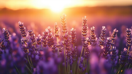 Obraz premium Beautiful Sunset Over Lavender Fields with Bright Sun and Vibrant Purple Flowers in Soft Focus Creating a Serene and Tranquil Atmosphere