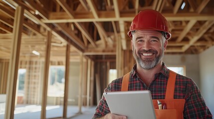 Smiling Construction Worker in Hard Hat Holding Tablet Inside a Building Project Site with Wooden Framing and Bright Light