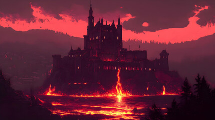 Naklejka premium Fiery Castle Sunset Landscape