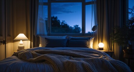 Nightlit bedroom with cozy knitted blankets and a bedside lamp