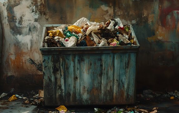 A detailed view of an overflowing dumpster filled with mixed garbage, showcasing the issues of waste disposal and environmental pollution