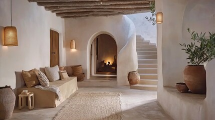 Fototapeta premium Cozy earthtoned retreat in minimalist architecture elegant interior tranquil setting inviting viewpoint