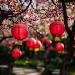 Fototapeta premium Chinese red lanterns swaying gently in the breeze, hanging from blossoming cherry trees in a serene garden