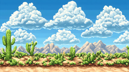 Pixel Art Desert Landscape With Cacti And Mountains
