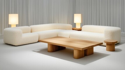 Cozy neutral-toned lounge with oversized boucle sofa modern interior relaxing atmosphere stylish view