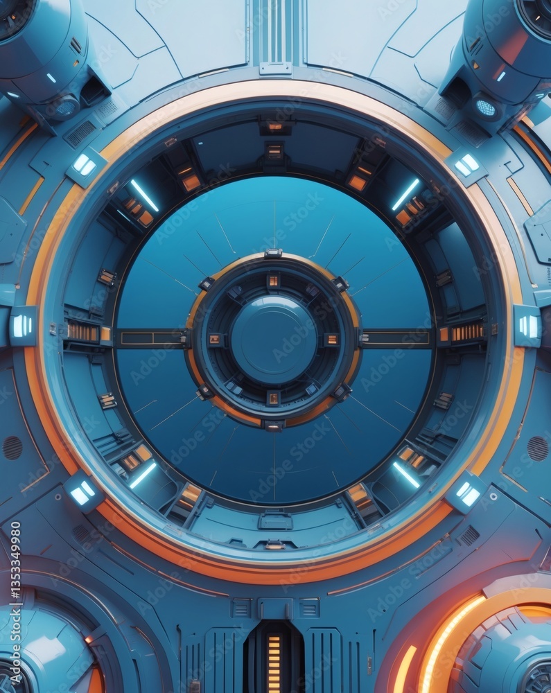 Poster a close-up image of a futuristic spaceship window or portal, with circular elements and technological aesthetics. The image emphasizes detail, precision and the advanced design