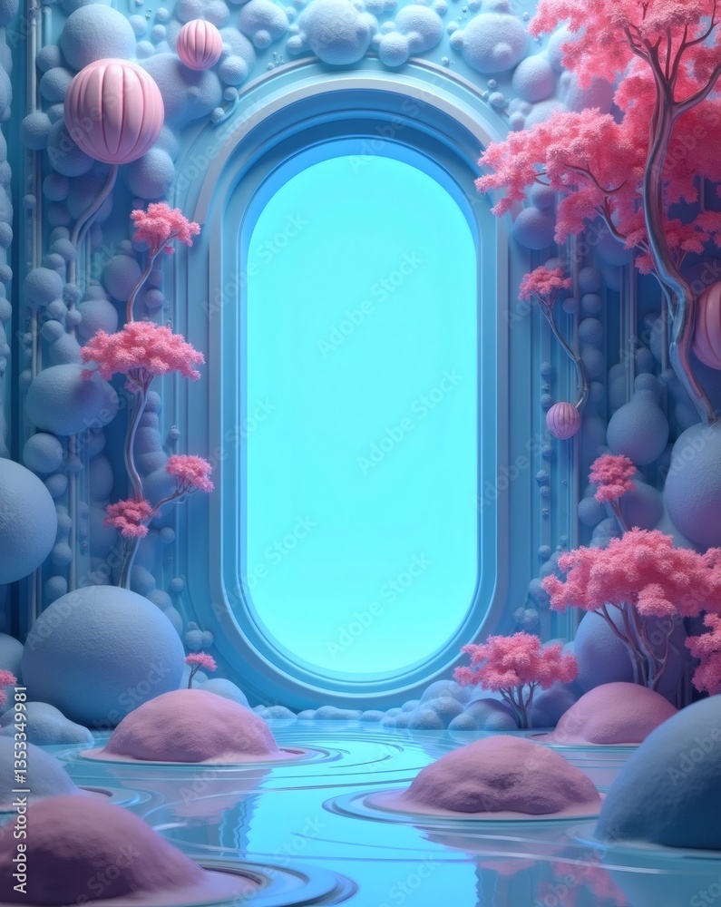 Poster a fantastical portal scene filled with whimsical details. a glowing portal, with a surreal landscape