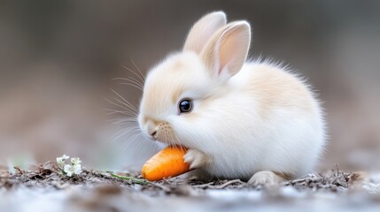 Fototapeta premium Adorable baby bunny eating a carrot