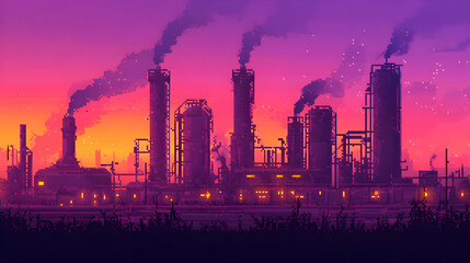 Pixel Art Industrial Sunset Factory Landscape