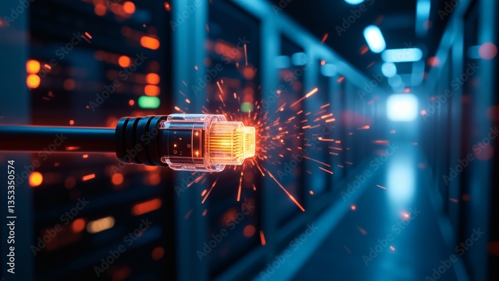 Poster a close-up shot of a network cable in a server room. sparks emanate from the cable and a futuristic 