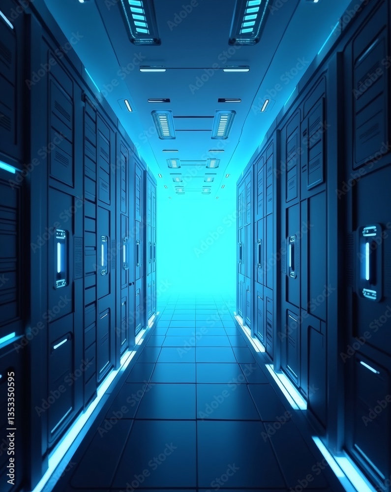 Poster a futuristic server room, bathed in blue light, create a sense of advanced technology and data stora