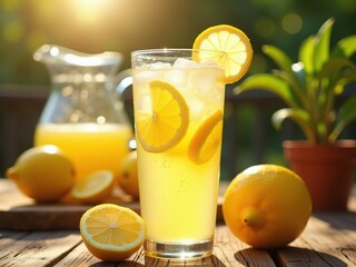 refreshing glass of lemonade with ice, lemon slices, and condensation, set on a sunny outdoor table with a pitcher and lemons, evoking summer vibes.