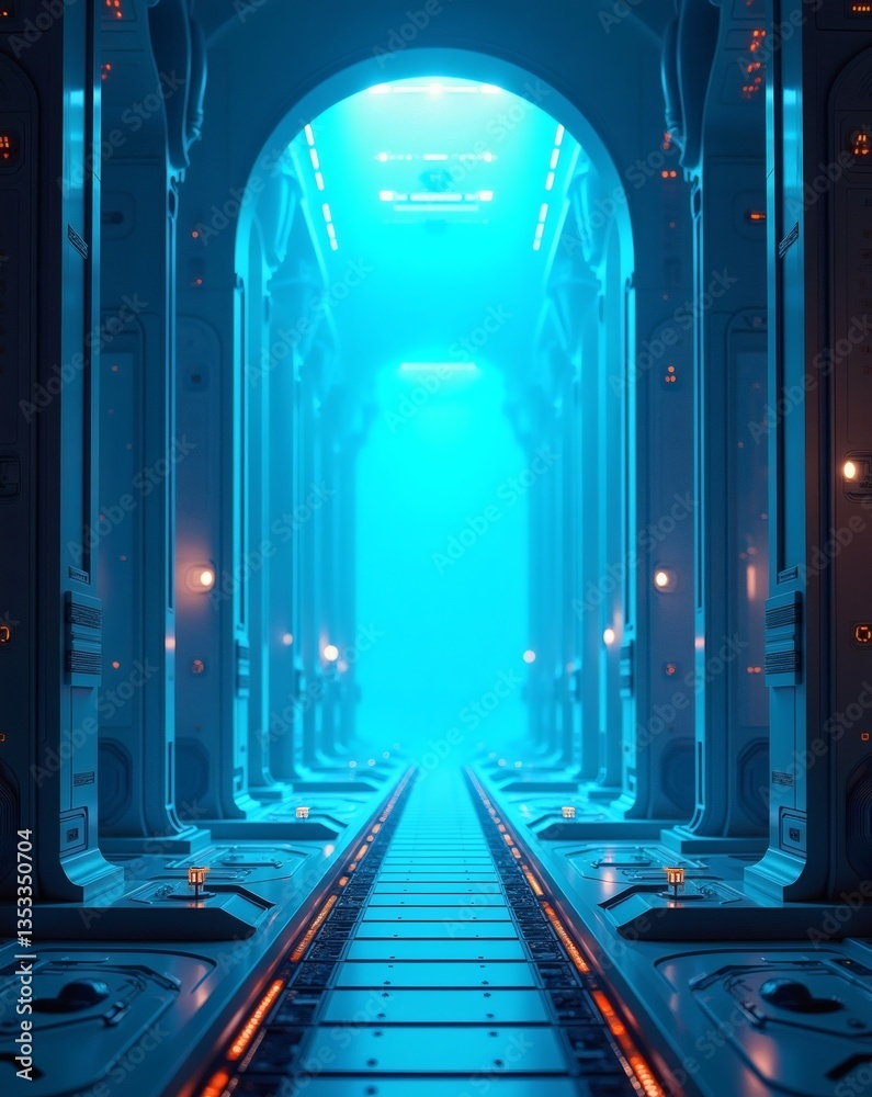 Poster an abstract futuristic corridor with a bright blue light at the end, creating a sense of anticipatio