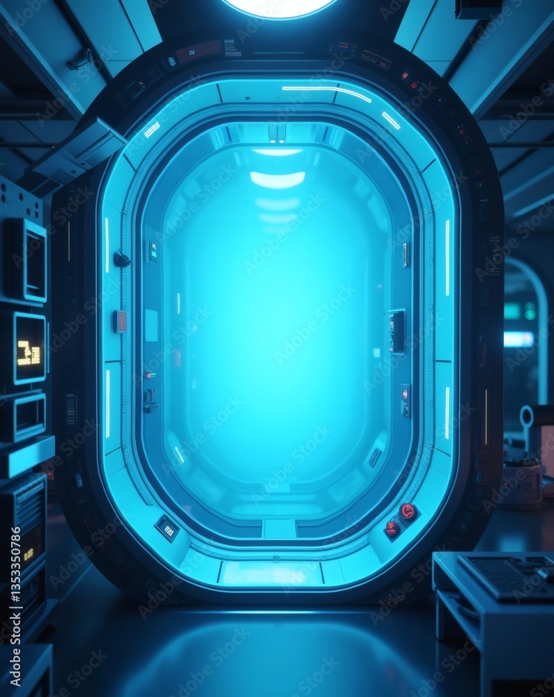 Poster a futuristic portal with a bright blue glow and a modern design. the portal is located in a high-tec