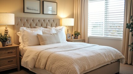 Fototapeta premium A cozy bedroom with soft, neutral tones and a comfortable bed